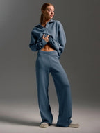 Women's Sweatshirt Suit Casual Collared Long-Sleeved Pullover Top And Loose Straight-Leg Pants Fashion Sport Trousers Set