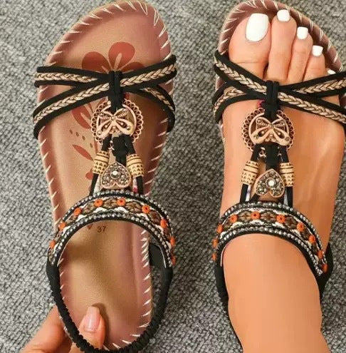 Large Size Flat Sandals Flower Rhinestone Sandals Beach Shoes