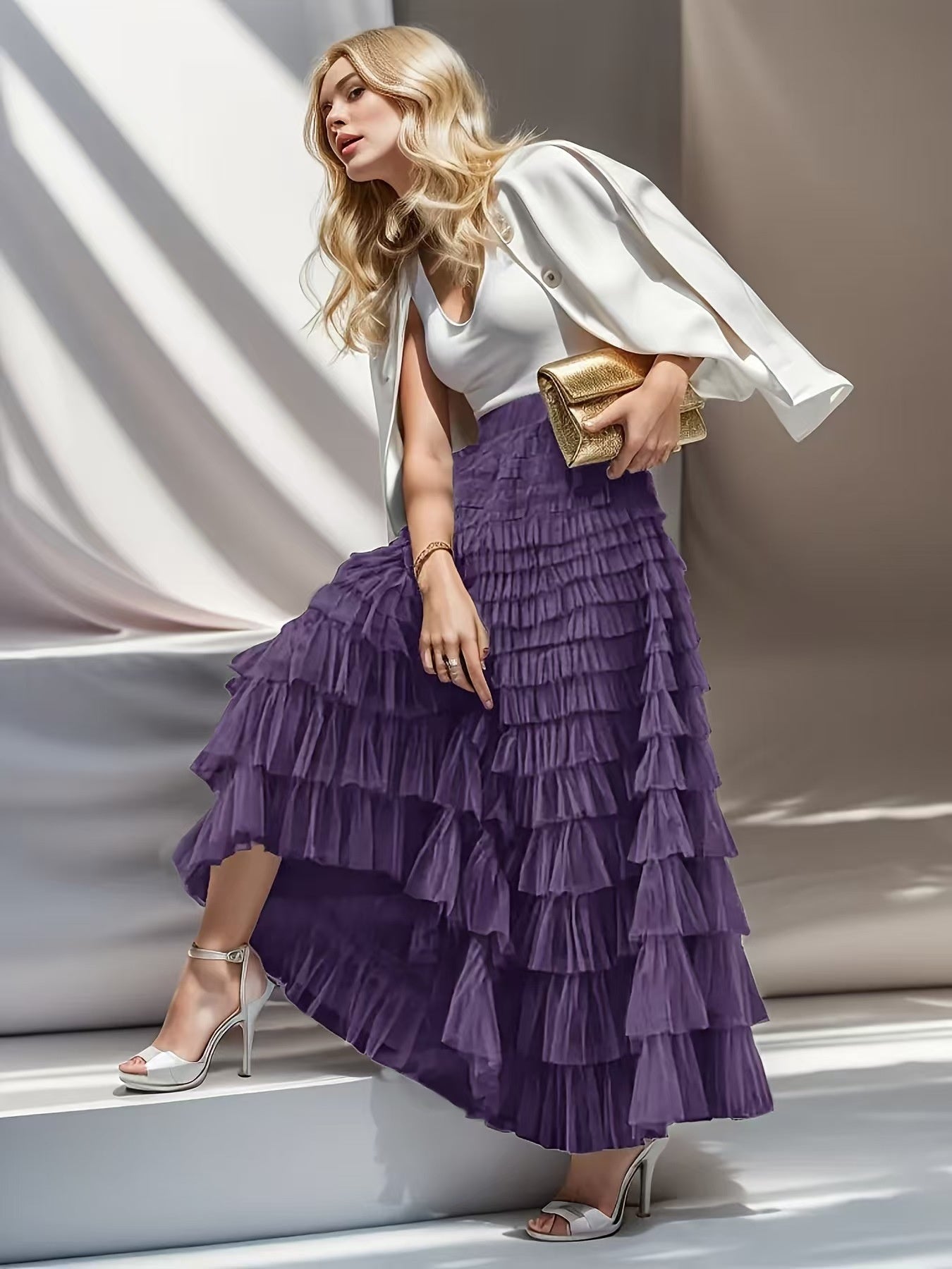 Layered Ruffles Cake Skirt Summer Fashion A Line Swing Mesh Long Skirt Party Dress Women