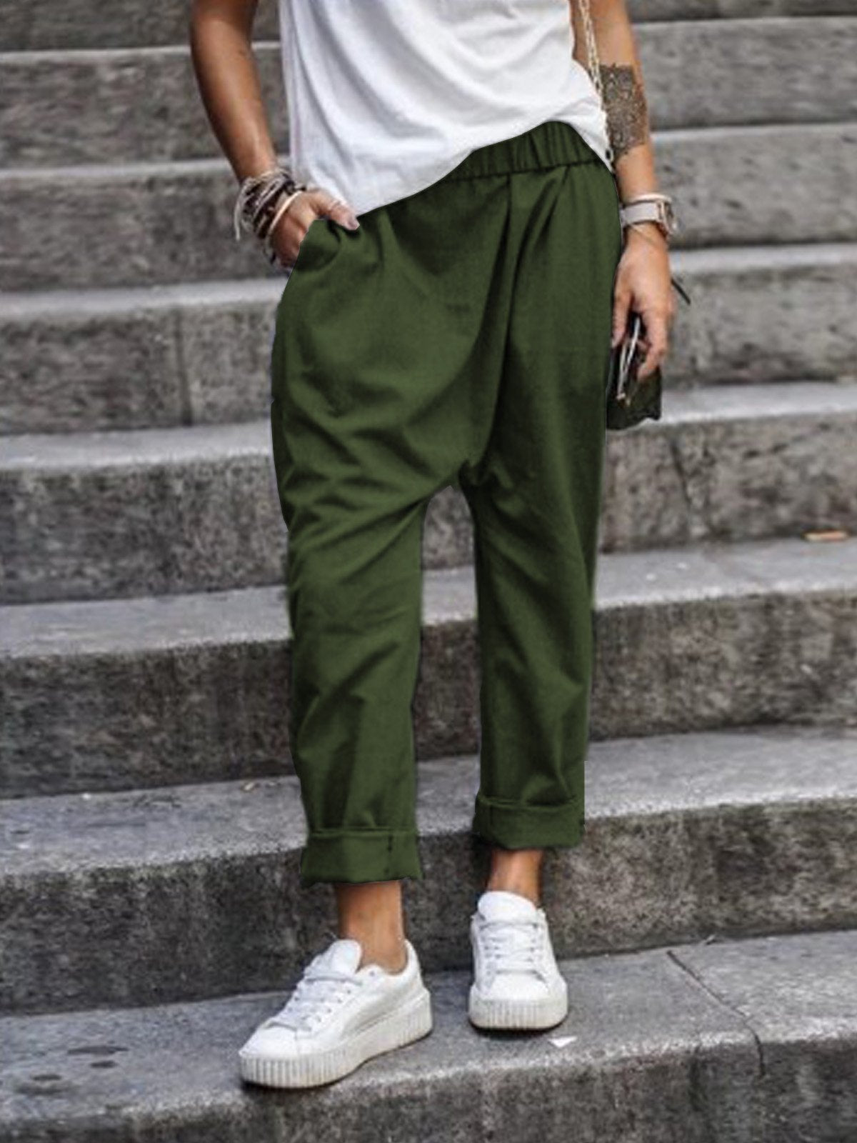 Women's Casual Pants With Pockets Elastic High Waist Harem Trousers Fashion Streetwear Clothing