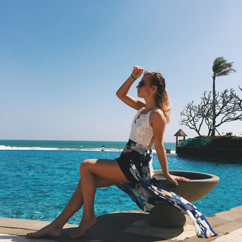 USA SIZE Lace stitching printed sling V-neck holiday beach long skirt split cheongy dress