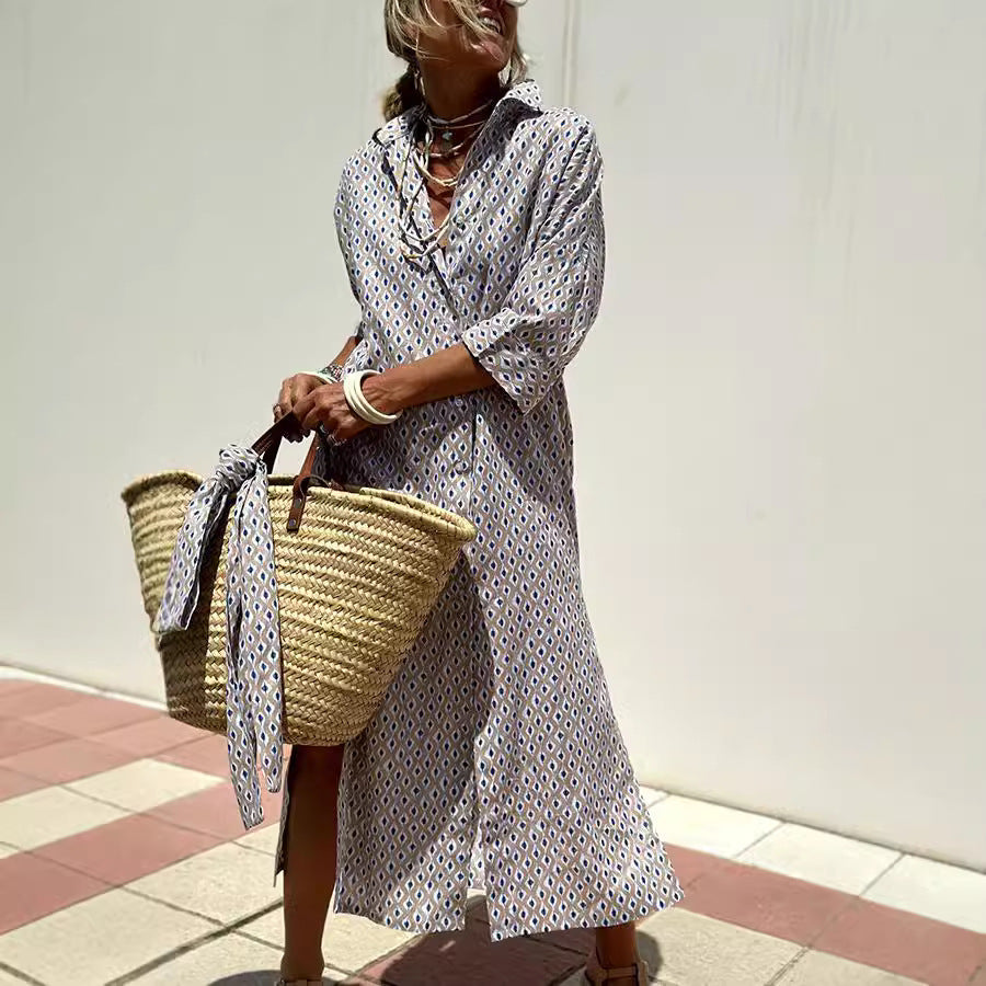 Striped Shirt Dress With Belt Fashion Half-sleeved Lapel Button Cardigan Dresses Women's Clothing