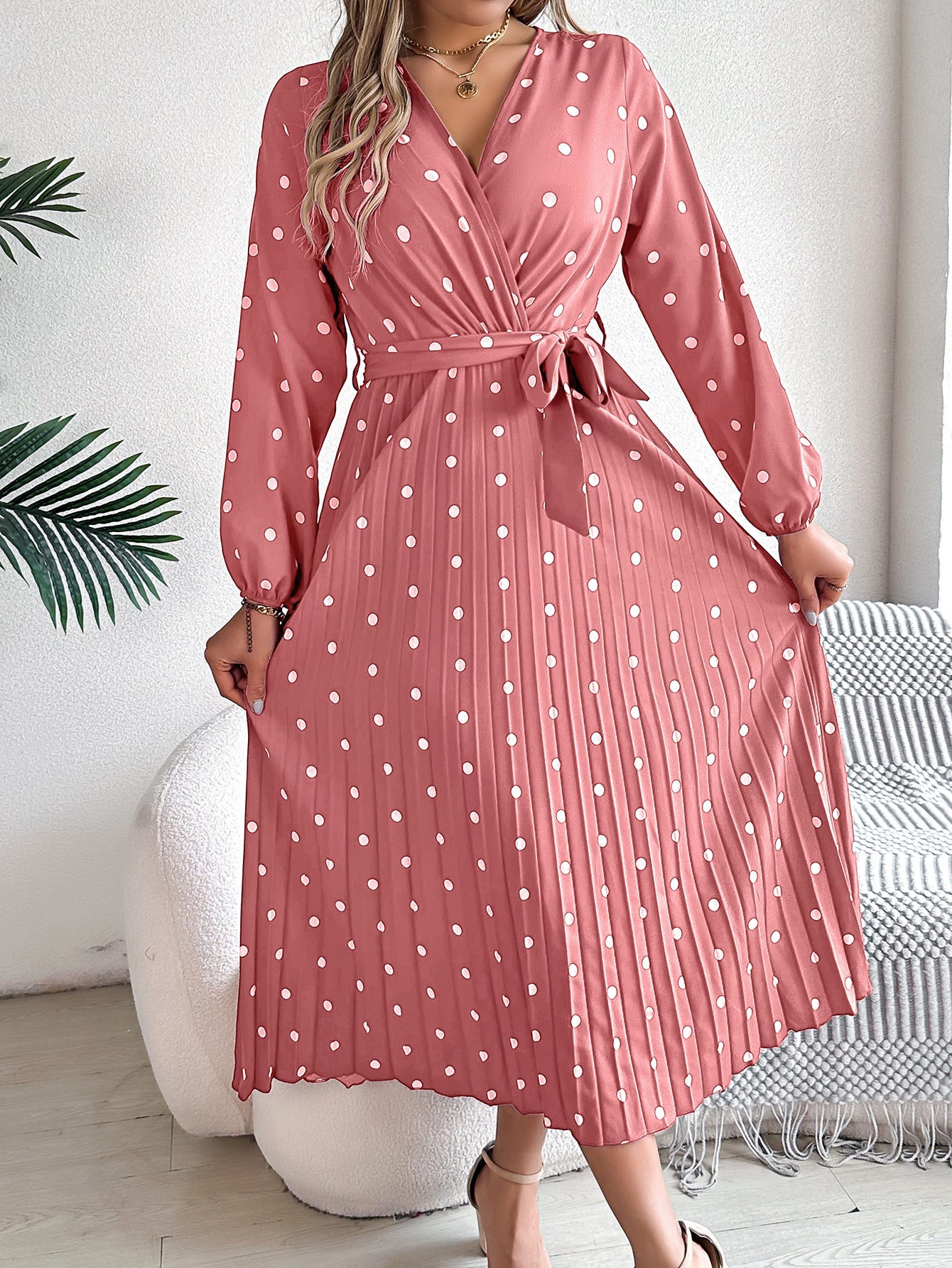 Spring Summer Elegant Long Dress Cross V-Neck Contrast Polka Dot Long Sleeve Pleated Bridesmaid Dresses