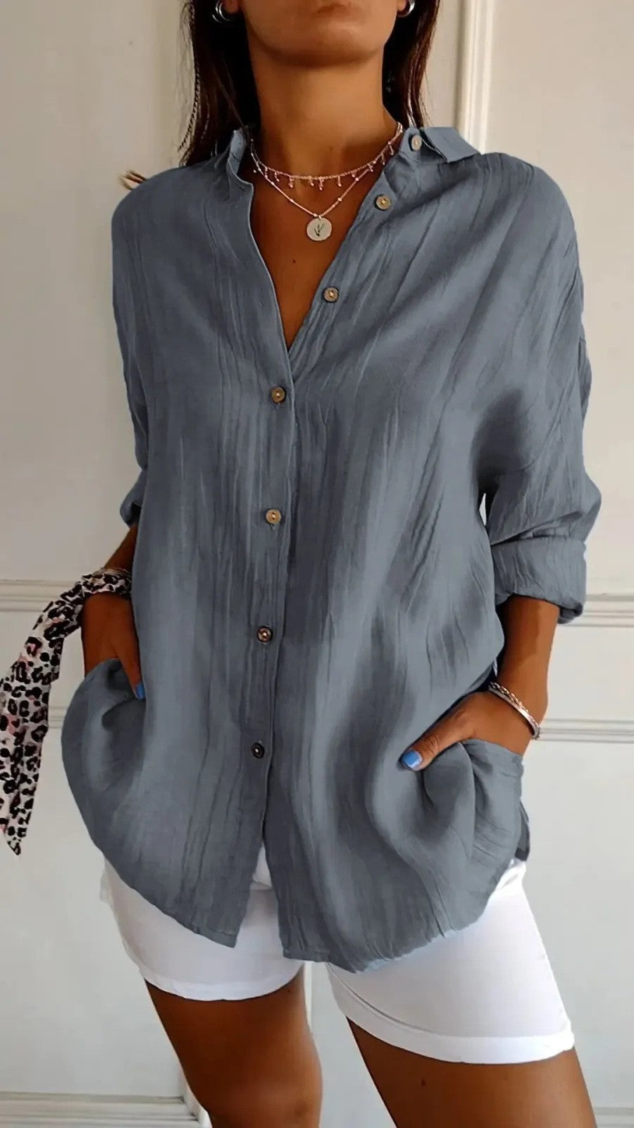 Popular Spring And Summer New Women's Loose Open Button Shirt Solid Color Top