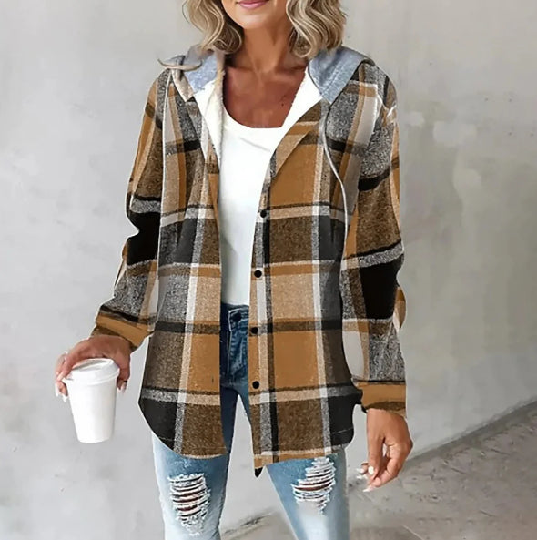 Plaid Hooded Jacket Fashion Casual Button Pocket Coat Autumn And Winter Women's Clothing