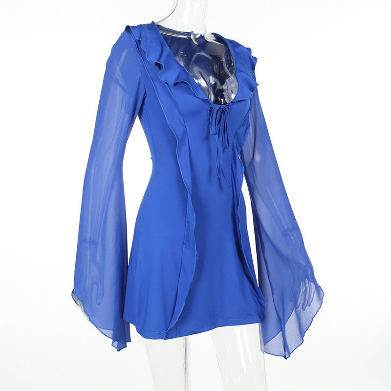 Sexy Ruffled V-Neck Lace-Up Long Sleeve Y2K Dress - Chiffons