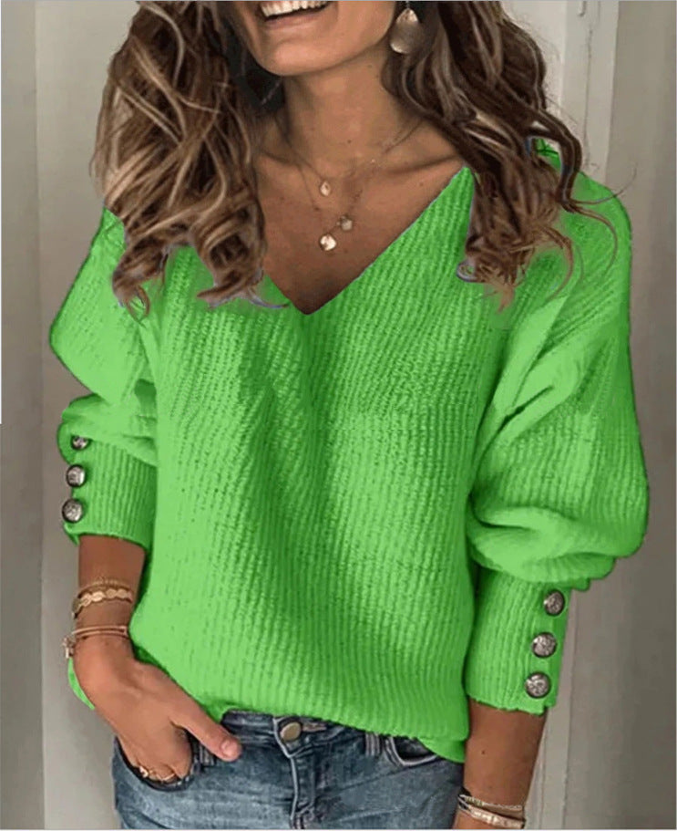 All-match Knitted V-neck Loose Long-sleeved T-shirt