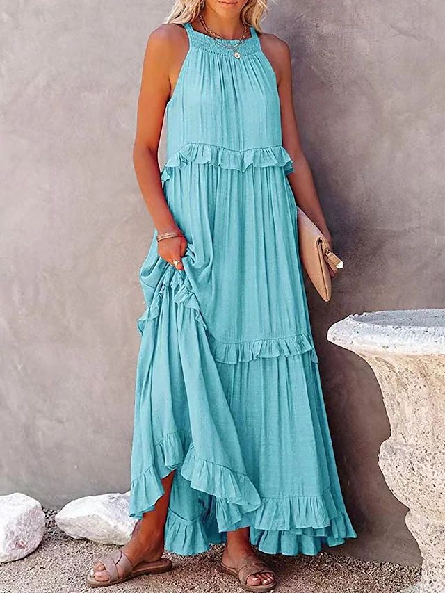 Summer Vacation Style Halter Neck Long Dresses Women Fashion Backless Leace-up Loose Ruffles Beach Dress Elegant Ladies Vestidos