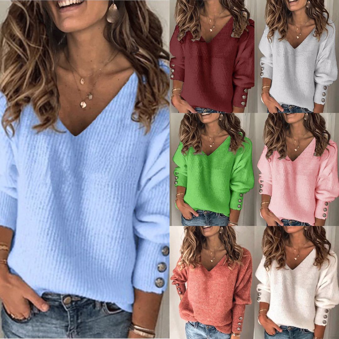 All-match Knitted V-neck Loose Long-sleeved T-shirt