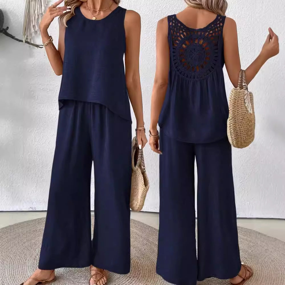 2 Pieces Set Women's Sleeveless Solid Color Back Hollow Lace Suit Summmer Trendy Casual Top Wide Leg Pants Set For Daily Wear Holiday Outfit