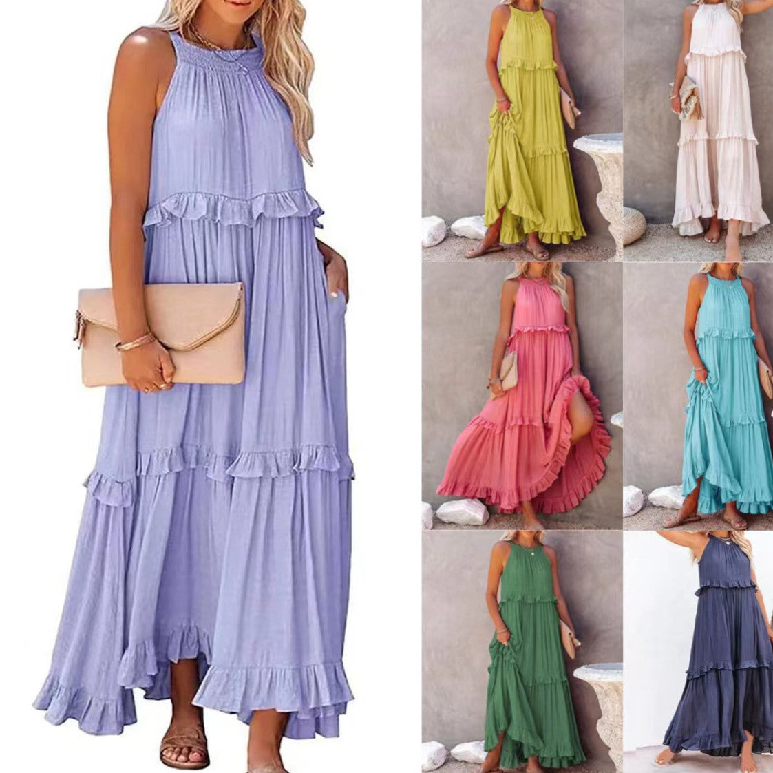 Summer Vacation Style Halter Neck Long Dresses Women Fashion Backless Leace-up Loose Ruffles Beach Dress Elegant Ladies Vestidos