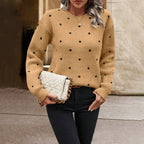 Ins Polka Dot Print Pullover Sweater Fashion Casual Long-sleeved Jacquard Knitted Top Winter Round Neck Clothing For Women