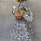 Autumn Casual Print Vacation Loose Dress Women Fashion V-neck Flare Sleeve Elegant Ruffle Shirt Dress Female Vintage Loose Dress