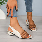 Ins Plaid Stone Pattern Sandals Summer Peep Toe Block Heels Ankle-strap Office Shoes For Women