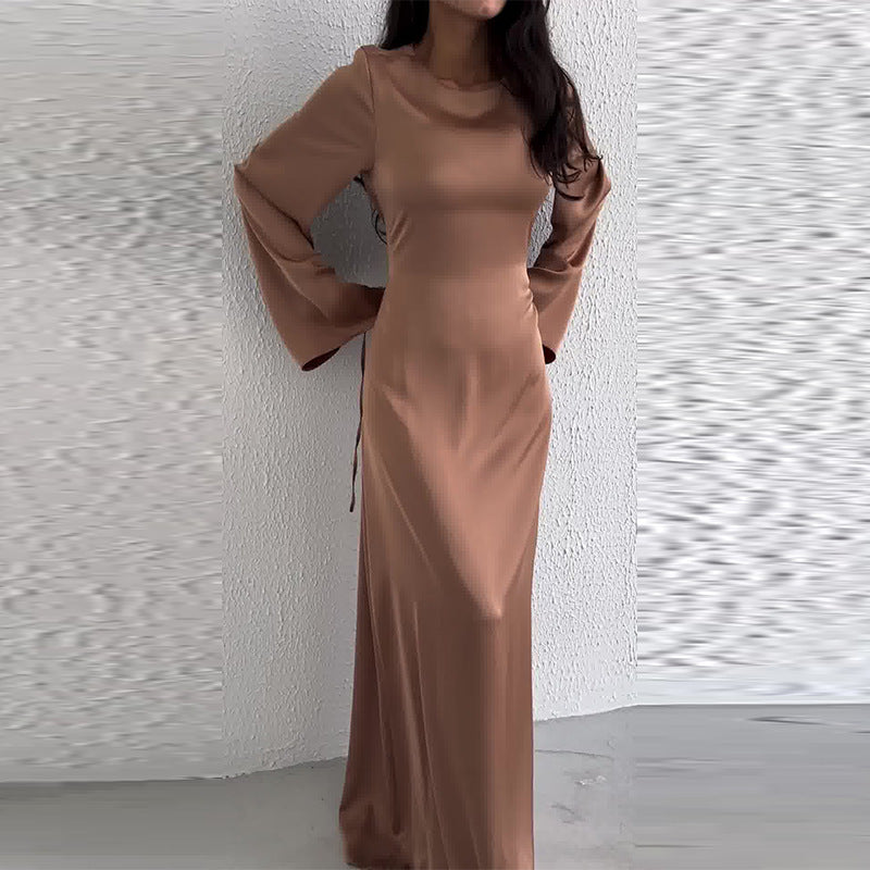 Women's Round Neck Long Sleeved Waist Cinching Dress