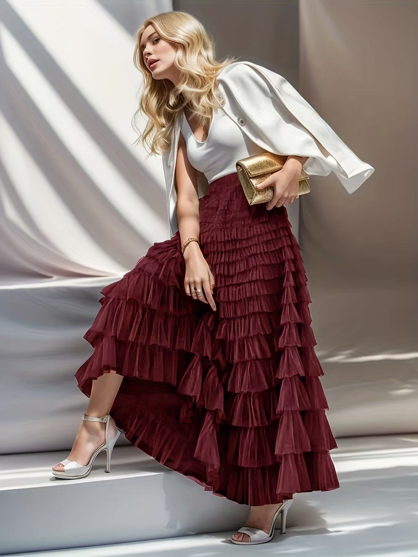 Layered Ruffles Cake Skirt Summer Fashion A Line Swing Mesh Long Skirt Party Dress Women