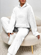 Winter Plush Pajama Set Fashion Casual Hooded Top And Elastic Band Pants Warm Sofa Carpet Home Clothes Women's Trousers Set Clothing
