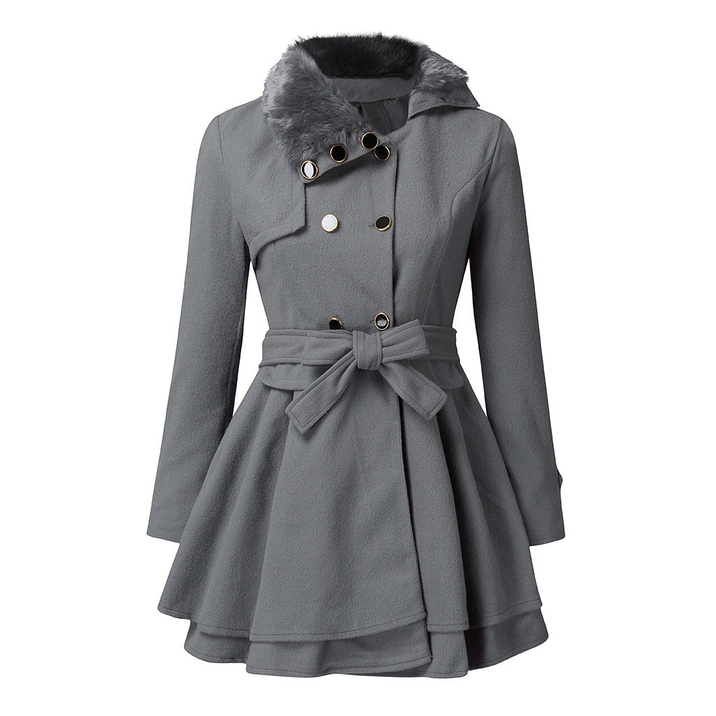 Women's Slim Mid-length Woolen Coat With Belt Thickened Double-breasted Padded Windbreaker Coat
