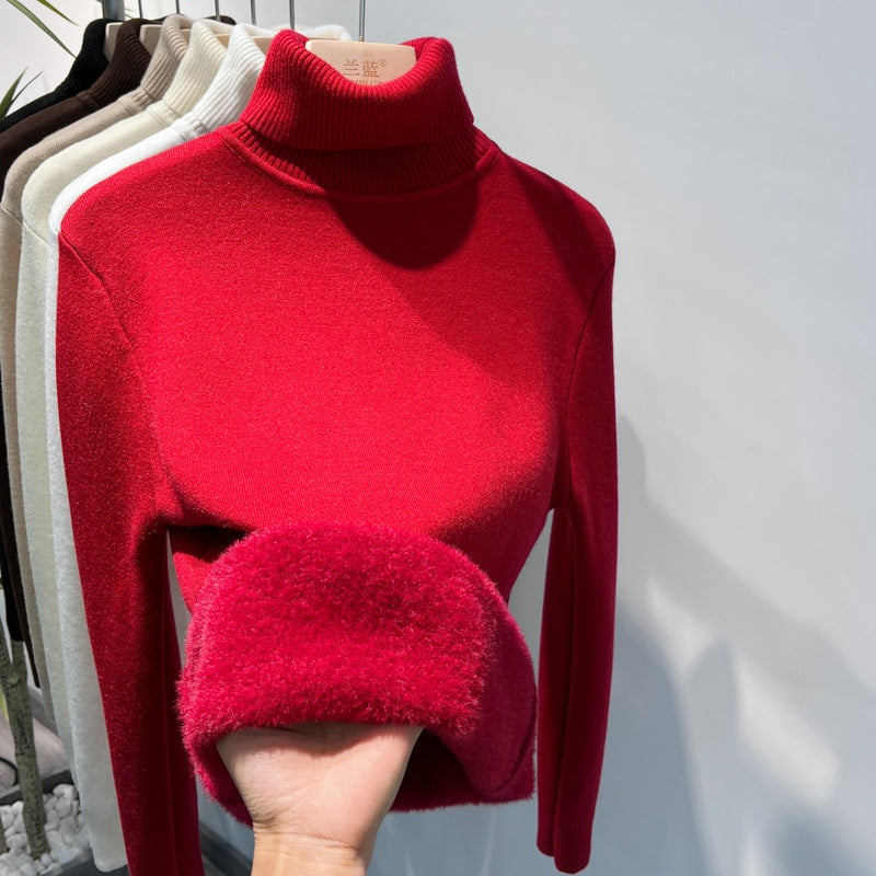 Fleece Turtle Neck Sweater Winter Warm Elegant Thick Knitted Pullover Tops Women's Clothing