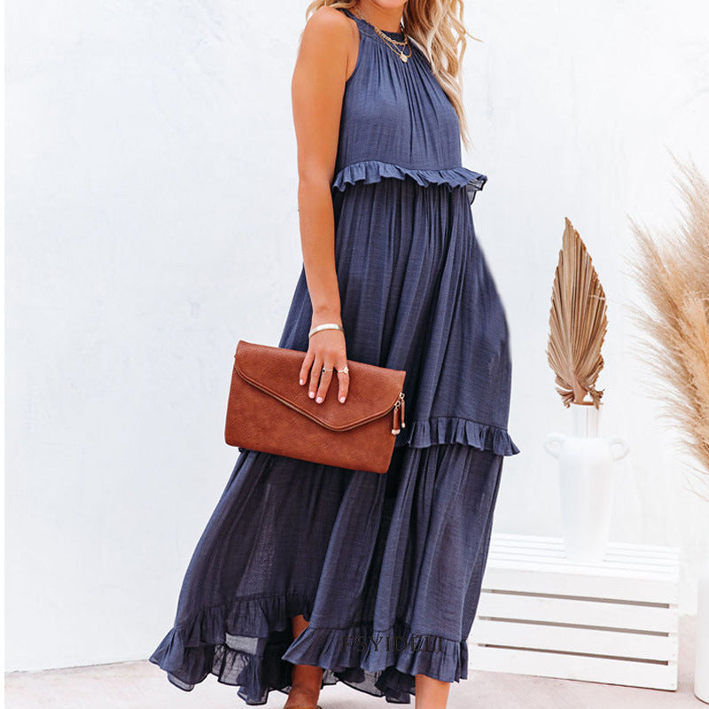 Summer Vacation Style Halter Neck Long Dresses Women Fashion Backless Leace-up Loose Ruffles Beach Dress Elegant Ladies Vestidos