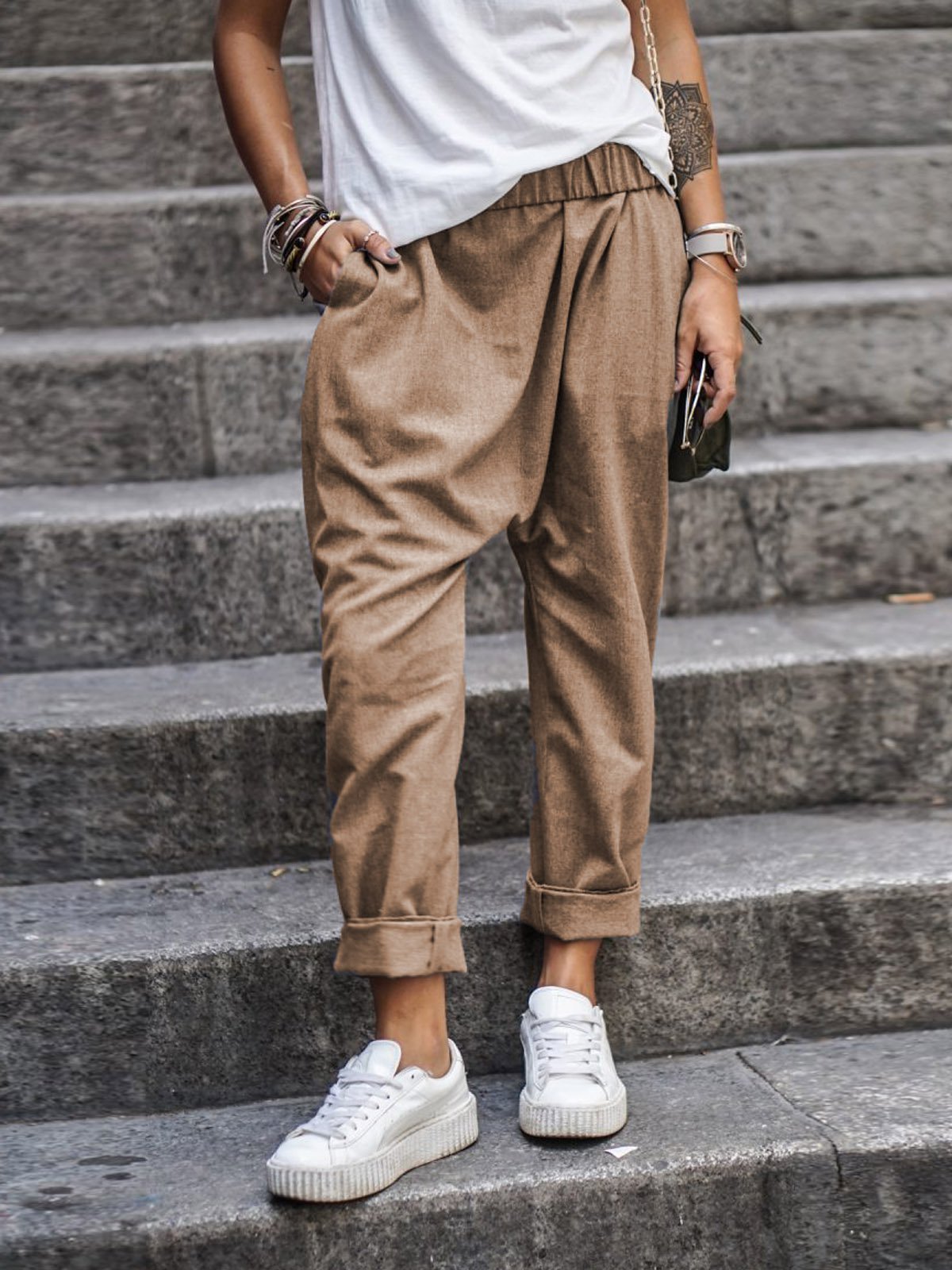 Women's Casual Pants With Pockets Elastic High Waist Harem Trousers Fashion Streetwear Clothing