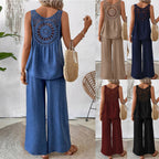 2 Pieces Set Women's Sleeveless Solid Color Back Hollow Lace Suit Summmer Trendy Casual Top Wide Leg Pants Set For Daily Wear Holiday Outfit