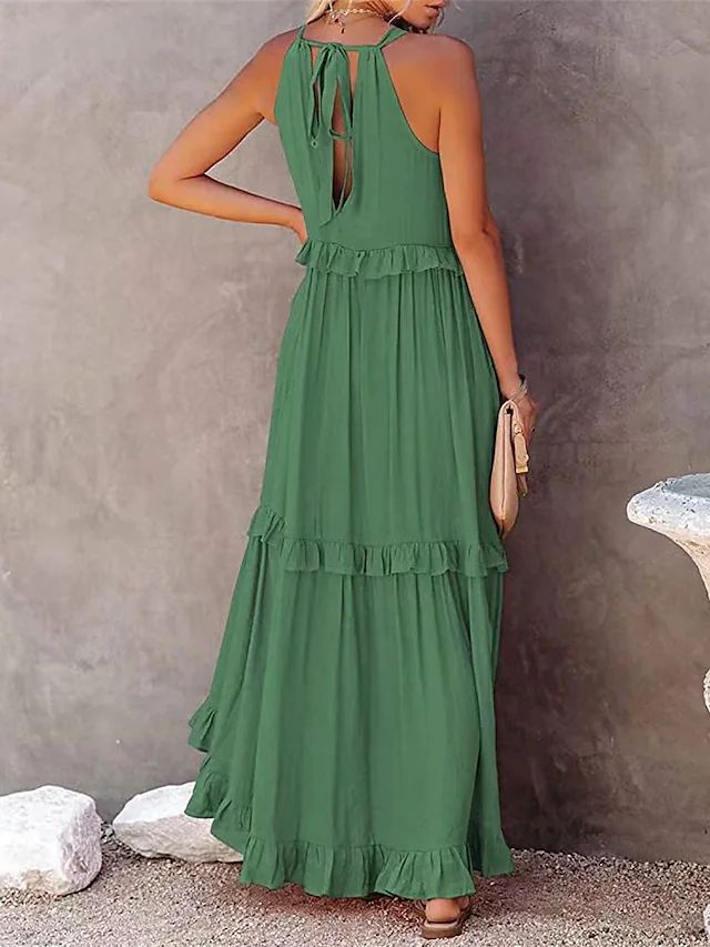 Summer Vacation Style Halter Neck Long Dresses Women Fashion Backless Leace-up Loose Ruffles Beach Dress Elegant Ladies Vestidos