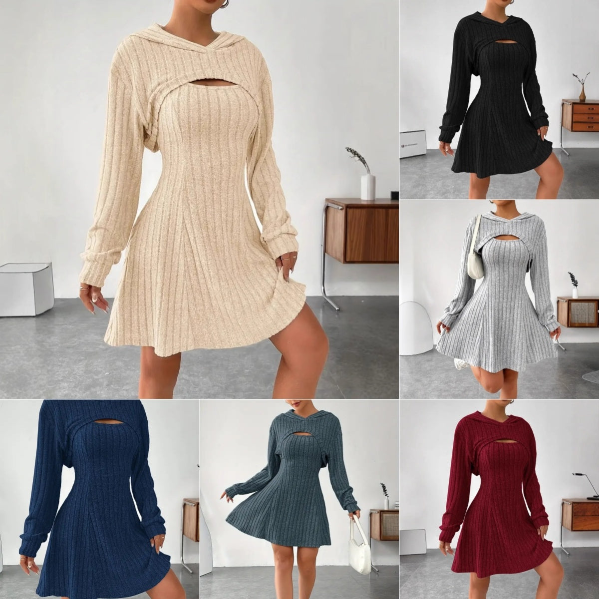 Women's Two-piece Set Dresses New Fashion Fall Winter Hooded Shawl Long-sleeved Vest Short Skirt