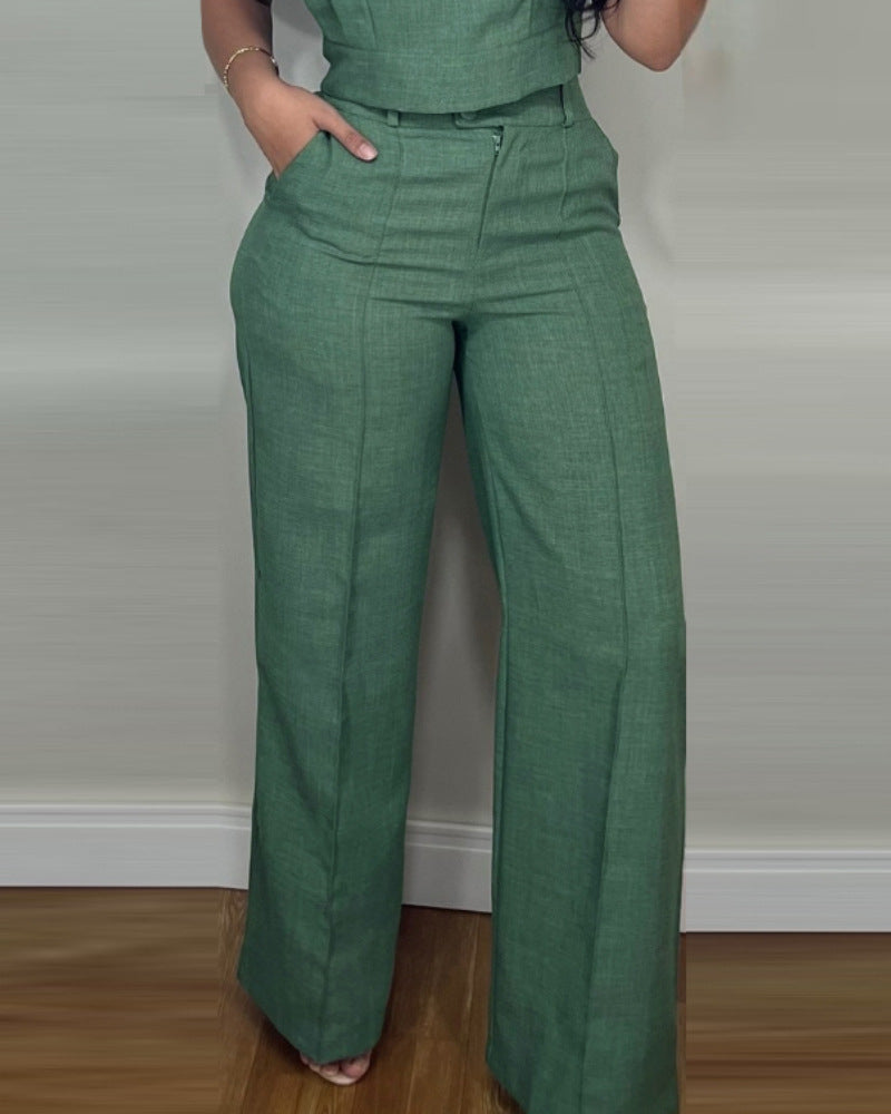 Summer Sleeveless Suit Fashion Round Neck Vest Top And Pocket Straight Pants Casual Trousers Set For Women Clothing