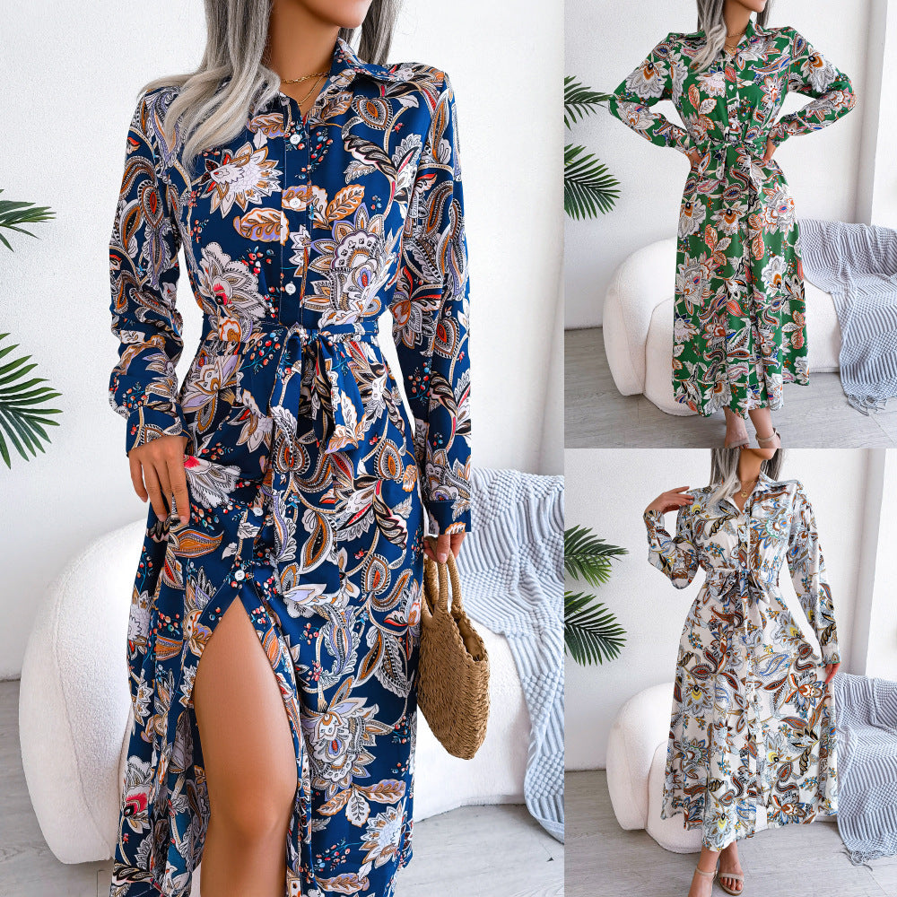 Retro Floral Stand Collar Belted Shirt Dress Long Skirt Women's Fashion Full Sleeve Regular Waistline Ankle-Length