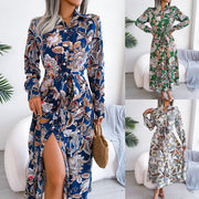 Retro Floral Stand Collar Belted Shirt Dress Long Skirt Women's Fashion Full Sleeve Regular Waistline Ankle-Length