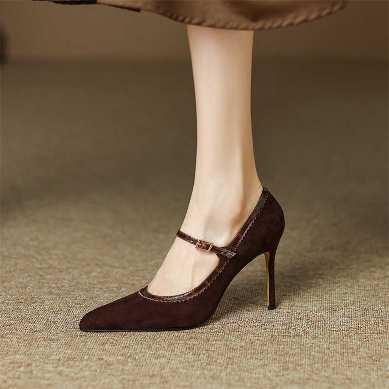 Women's Stiletto Heel Genuine Leather Buckle Pointed Toe Low-cut Shoes