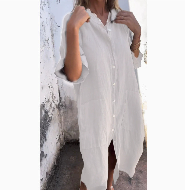 Loose Casual Half Sleeve Cotton Linen Shirt Dress Women