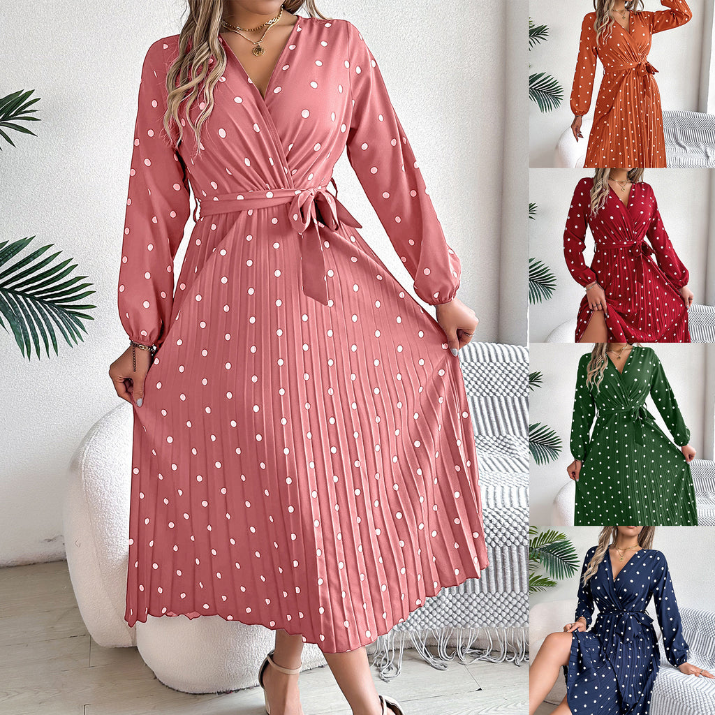 Spring Summer Elegant Long Dress Cross V-Neck Contrast Polka Dot Long Sleeve Pleated Bridesmaid Dresses