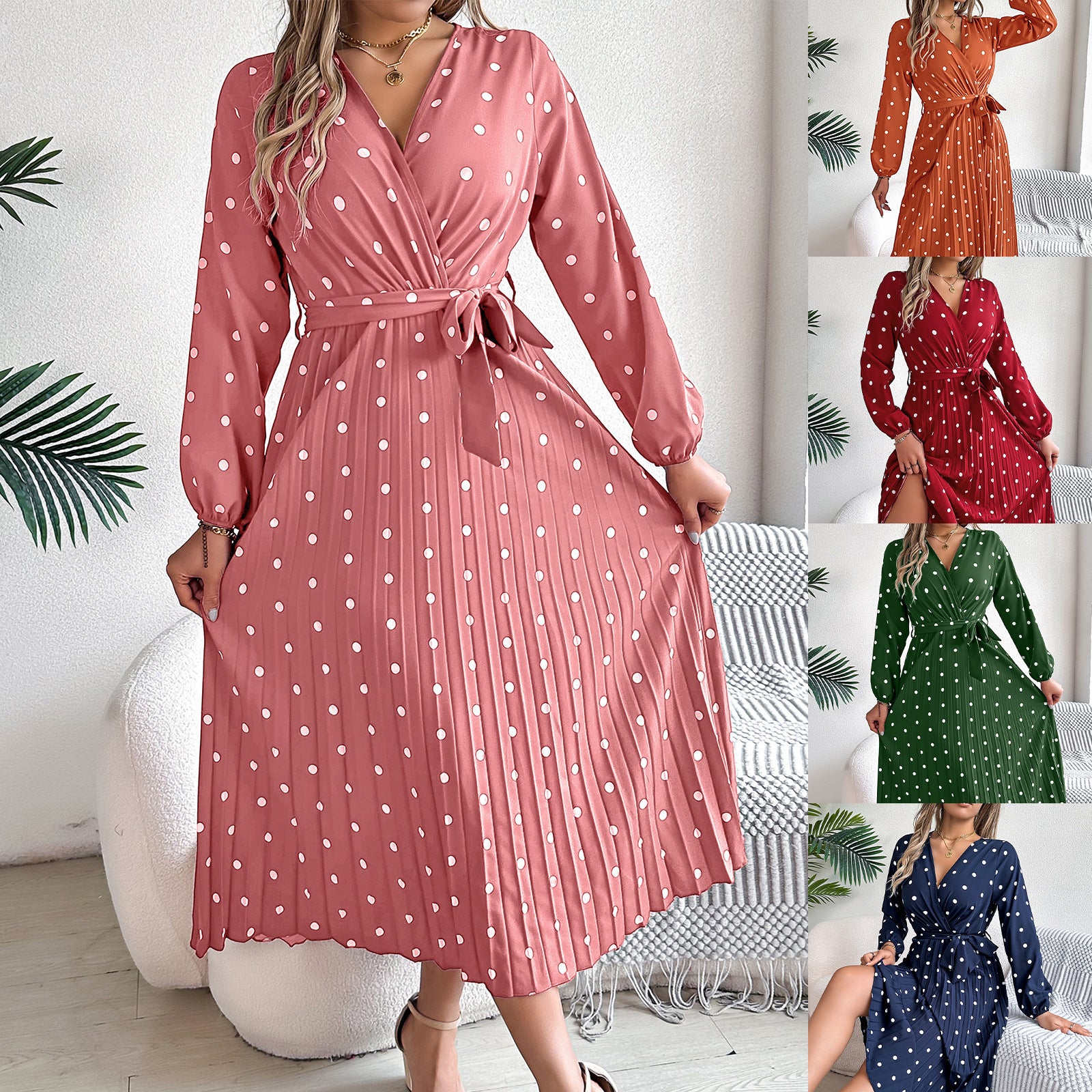Spring Summer Elegant Long Dress Cross V-Neck Contrast Polka Dot Long Sleeve Pleated Bridesmaid Dresses
