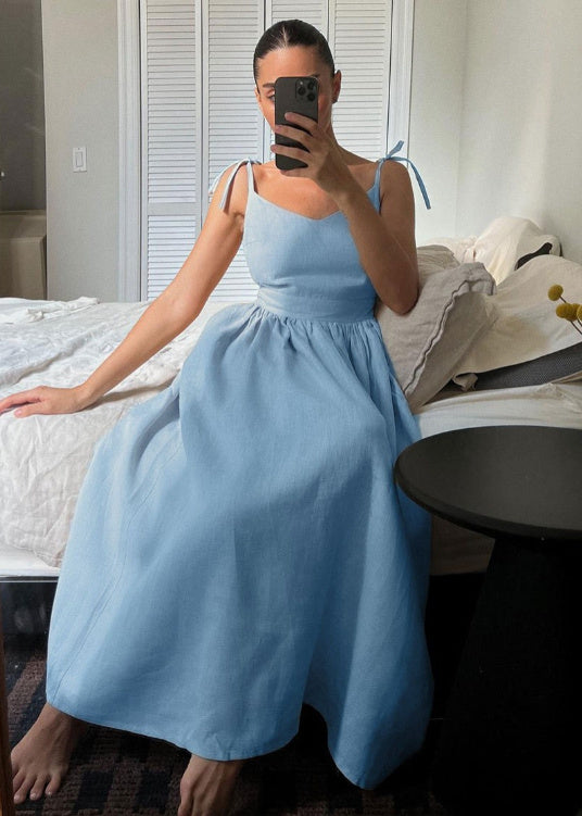 French Cotton And Linen Breathable Strap High Waist Dress Vacation Style Long Skirt For Women