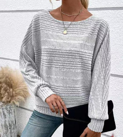 Solid Striped Batwing Sleeves T-shirt Fashion Casual Pullover Round Neck Long Sleeve Top Spring And Autumn Women's Clothing