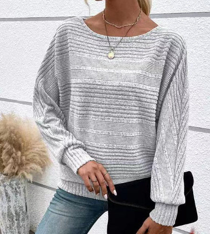 Solid Striped Batwing Sleeves T-shirt Fashion Casual Pullover Round Neck Long Sleeve Top Spring And Autumn Women's Clothing
