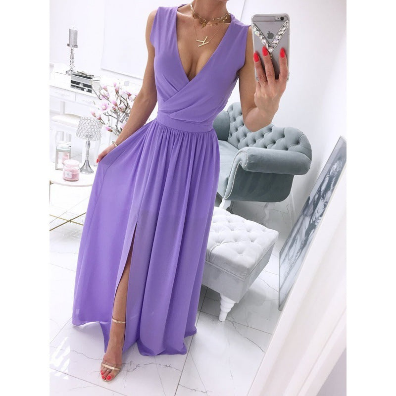 Women's Summer Sleeveless And Ankle Skirt Solid Color V-neck Front Split Long Dress