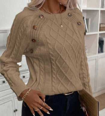 Square Neck Knitted Sweater With Button Design Winter Warm Long Sleeve Tops Women's Clothing