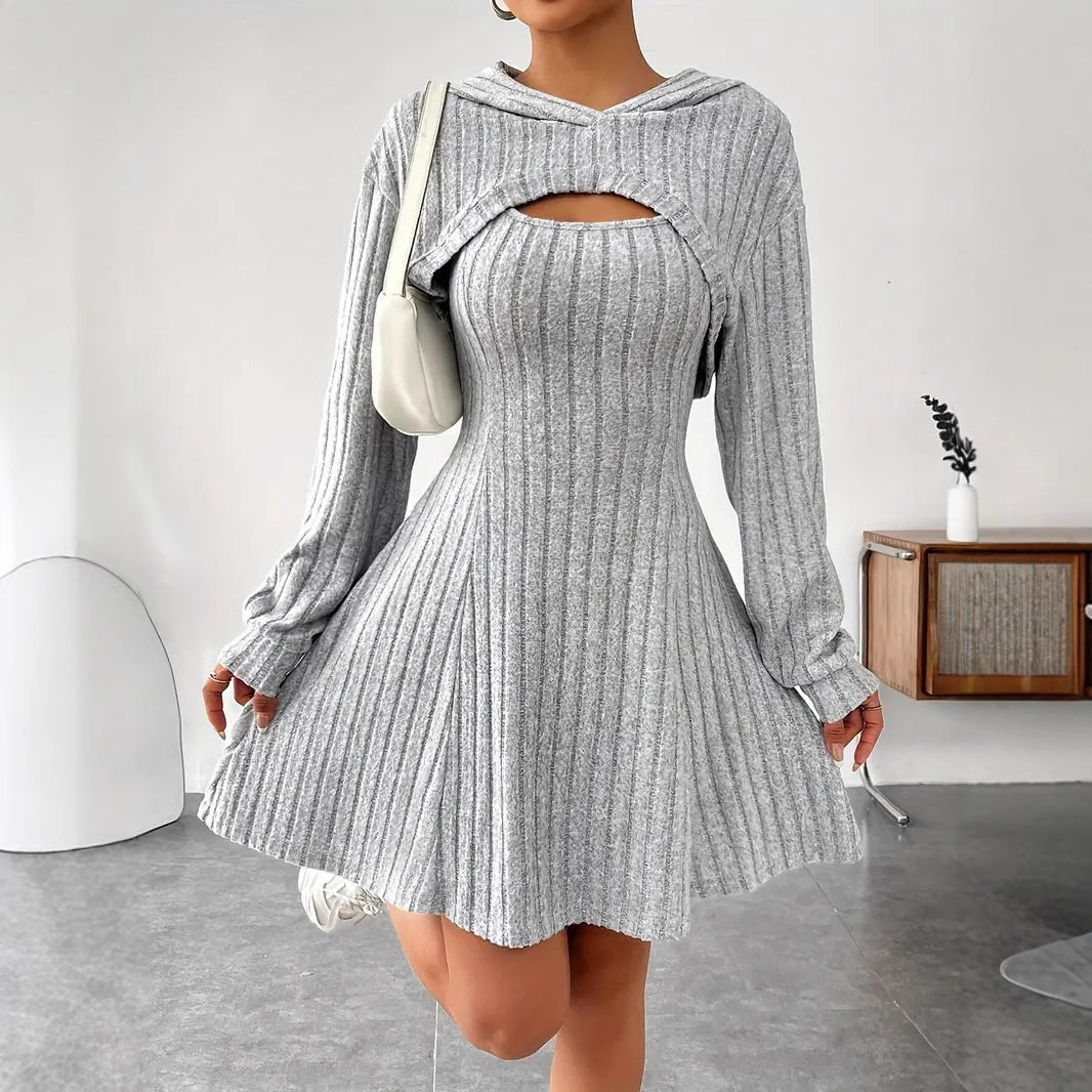 Women's Two-piece Set Dresses New Fashion Fall Winter Hooded Shawl Long-sleeved Vest Short Skirt
