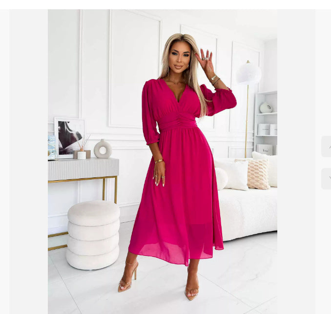 V-neck Waist-tight Long Sleeve Dress Fashion Slimming Skirt Solid Chiffon Dresses For Womens Clothing