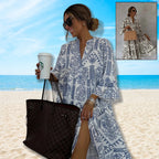 Autumn Casual Print Vacation Loose Dress Women Fashion V-neck Flare Sleeve Elegant Ruffle Shirt Dress Female Vintage Loose Dress