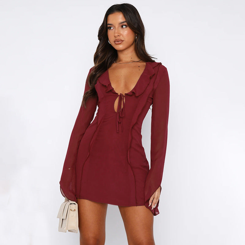 Sexy Ruffled V-Neck Lace-Up Long Sleeve Y2K Dress - Chiffons