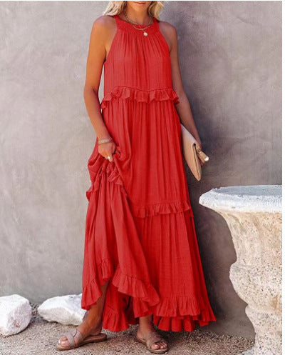 Summer Vacation Style Halter Neck Long Dresses Women Fashion Backless Leace-up Loose Ruffles Beach Dress Elegant Ladies Vestidos