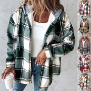 Plaid Hooded Jacket Fashion Casual Button Pocket Coat Autumn And Winter Women's Clothing