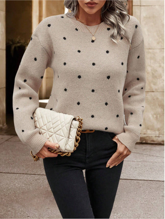 Ins Polka Dot Print Pullover Sweater Fashion Casual Long-sleeved Jacquard Knitted Top Winter Round Neck Clothing For Women