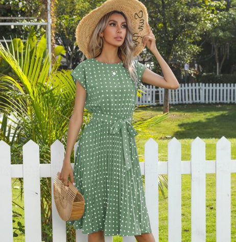Summer Women Polka Dot Short Sleeve Dress Casual Bandage Party Pleated Midi Dresses Elegant Green Office Lady Clothing