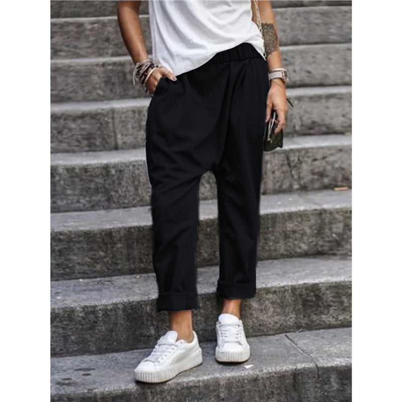 Women's Casual Pants With Pockets Elastic High Waist Harem Trousers Fashion Streetwear Clothing