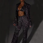 3pcs Shiny Long-sleeved Suit With Bra Lapel Blazer And Straight-leg Trousers Fashion Party Jacket Set For Women Clothing